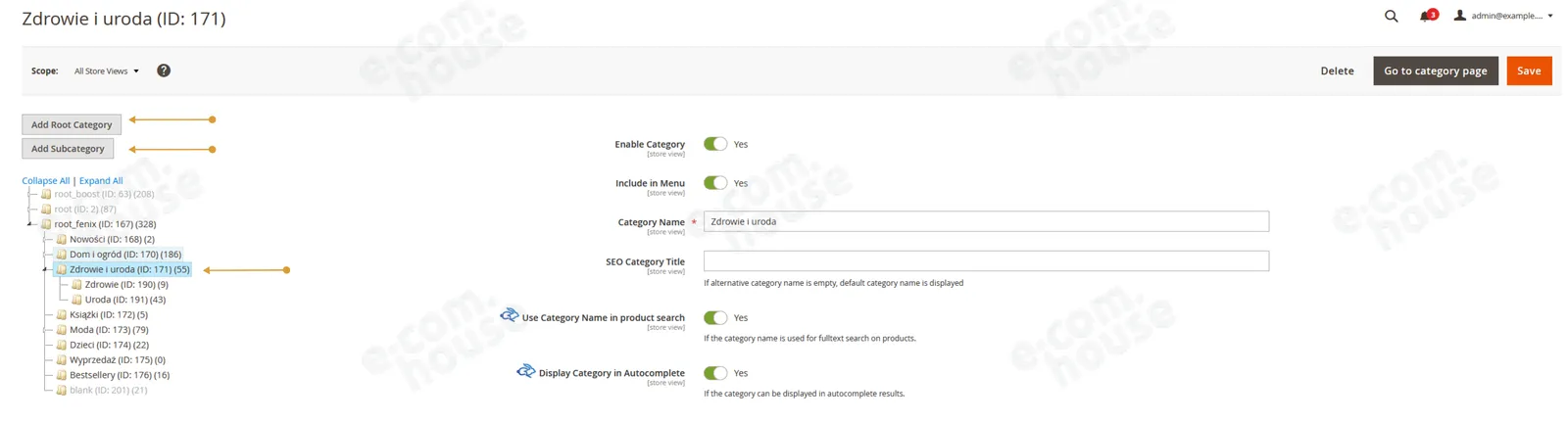 Drzewo kategorii z przyciskami Add Root Category i Add Subcategory