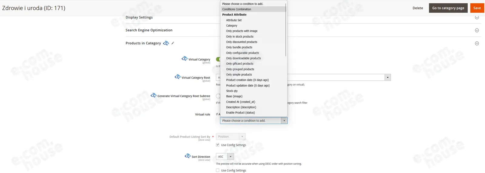 Wybór kategorii bazowej w polu Virtual Category Root