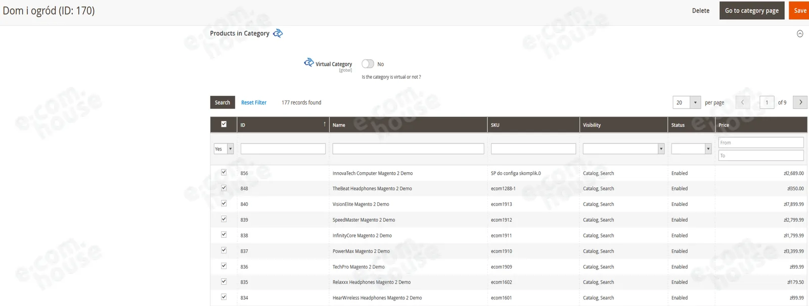 Lista produktów przypisanych do kategorii z zaznaczonymi checkboxami