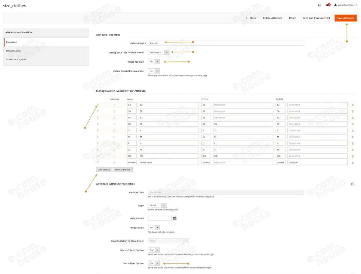 Sekcja Attribute Properties z polem Catalog Input Type for Store Owner