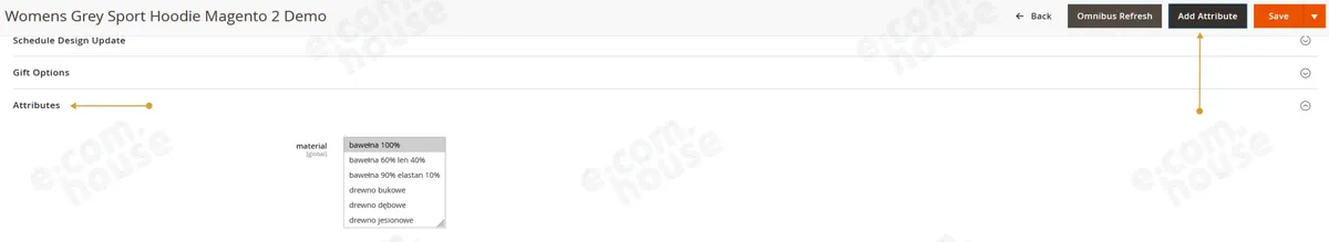 Przycisk Add Attribute na stronie produktu