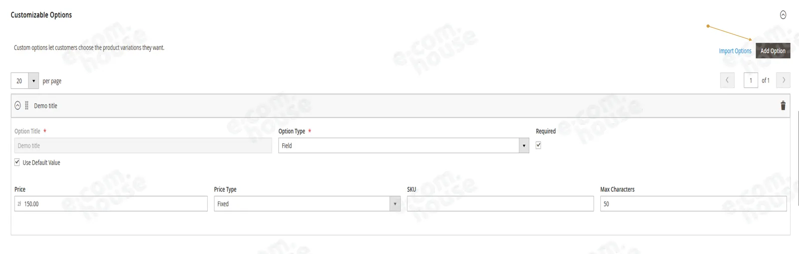 Sekcja Customizable Options